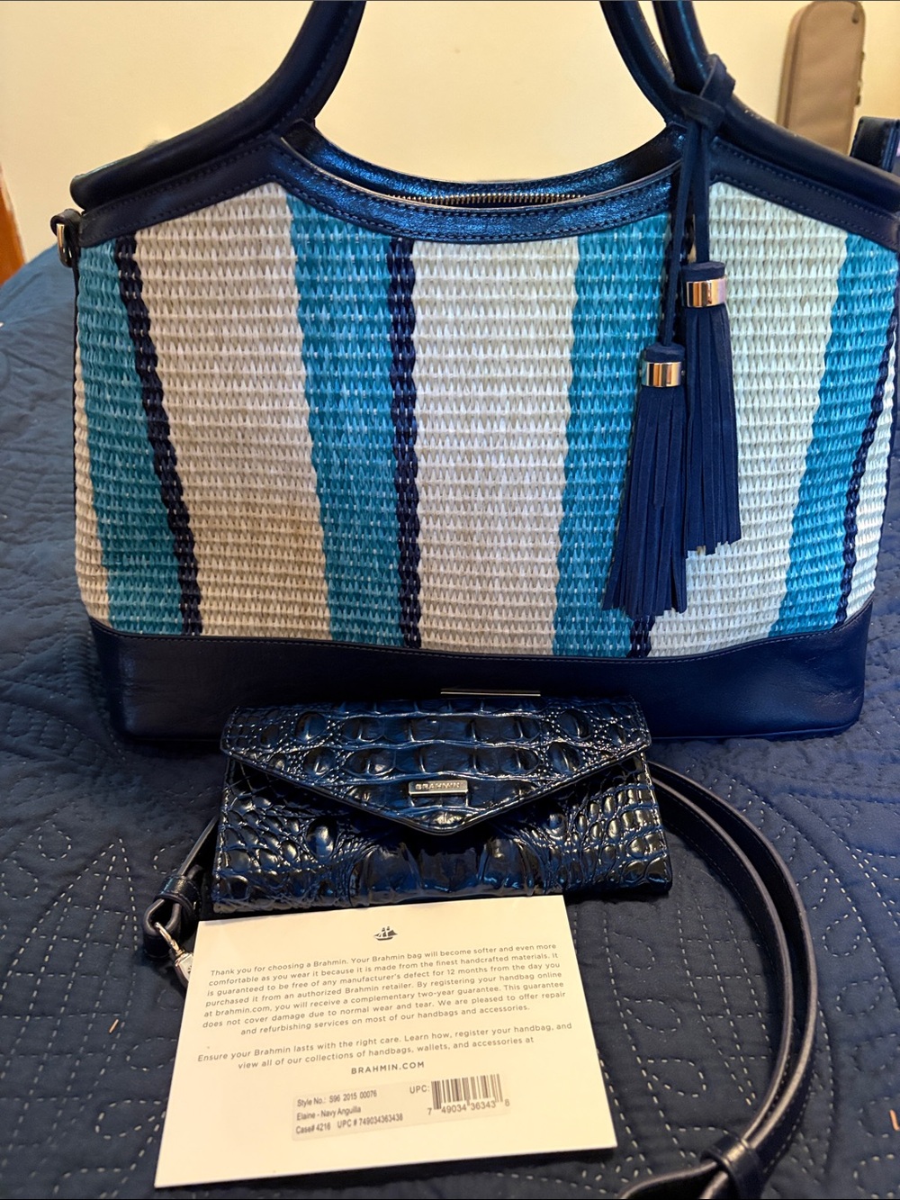 Brahmin Navy, White & Aqua Striped Tote with Tassel Elaine navy Anguilla.